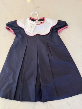 The Beaufort Bonnet Company Navy Dress with White Collar and Pink Trim